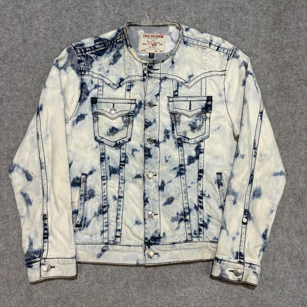 True Religion Mens Acid Wash Tie Dye Denim Jacket Collarless Blue White XL